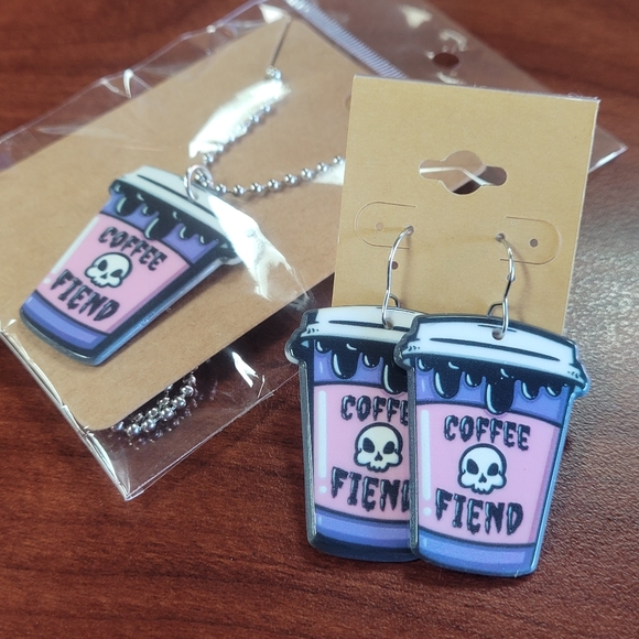 New Coffee Fiend Acrylic Earring and Necklace Set Stainless Steel - Picture 4 of 6